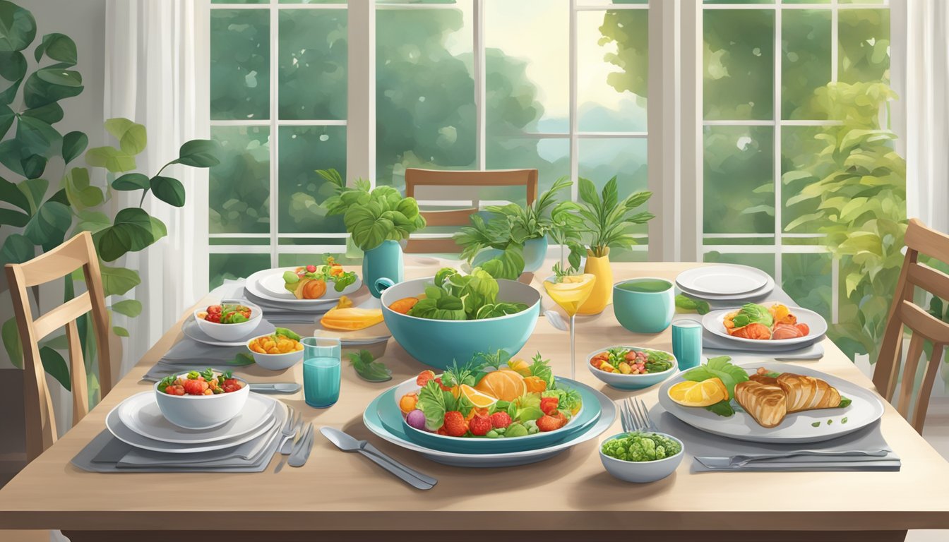 A serene dining table set with healthy, colorful dishes, surrounded by calming nature elements like plants and soft lighting