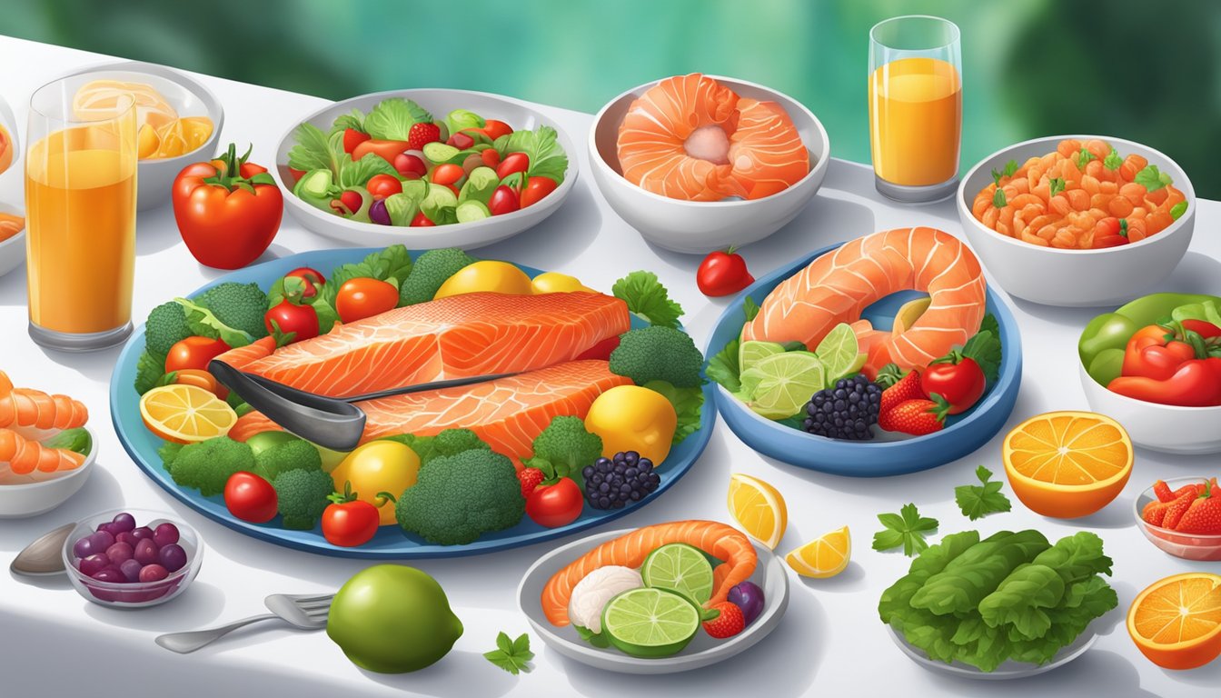 A colorful dinner plate with a variety of foods rich in astaxanthin, such as salmon, shrimp, and red peppers, surrounded by vibrant fruits and vegetables