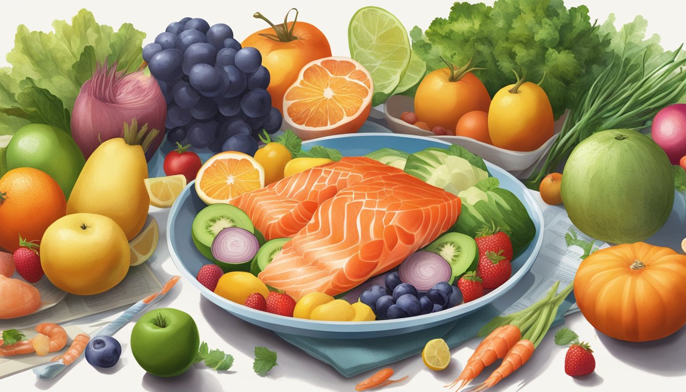 A colorful plate of assorted fruits and vegetables, with a focus on salmon and shrimp, all rich in astaxanthin, sits on a table surrounded by scientific journals and research papers