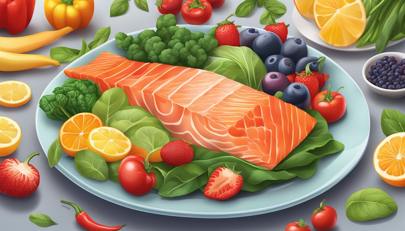 A colorful dinner plate with a variety of foods rich in astaxanthin, such as salmon, shrimp, red peppers, and spinach, surrounded by vibrant fruits and vegetables