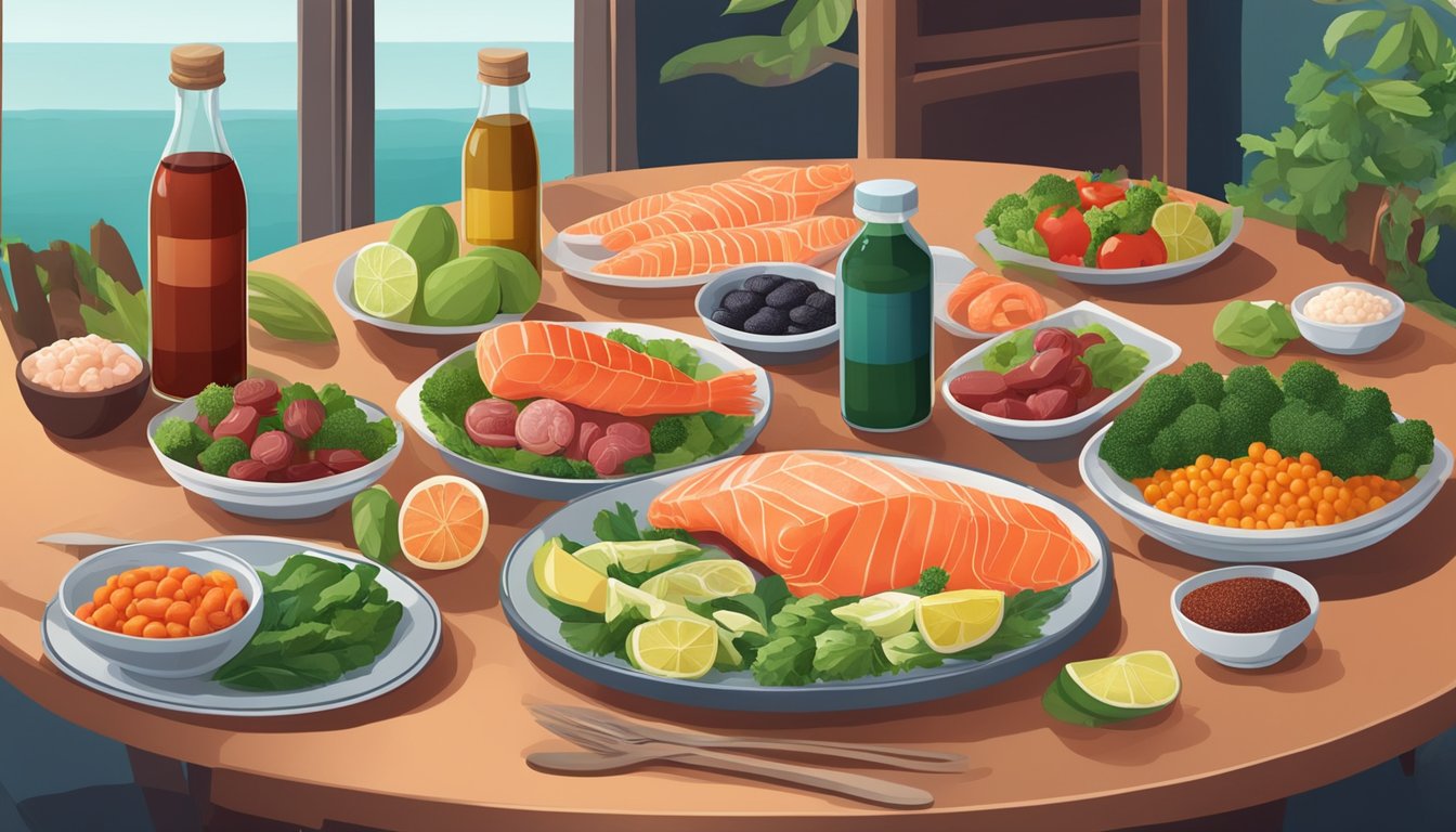 A dinner table set with a variety of colorful, healthy foods containing astaxanthin, such as salmon, shrimp, and vegetables, surrounded by bottles of dietary supplements