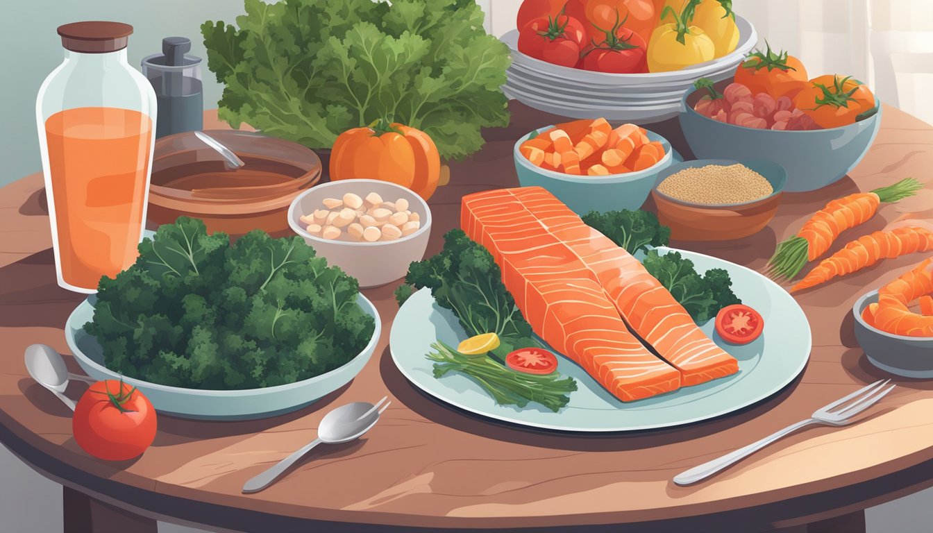 A dinner table set with a variety of colorful and nutrient-rich foods, including salmon, shrimp, kale, carrots, and tomatoes, with a bottle of astaxanthin supplements placed next to the plate