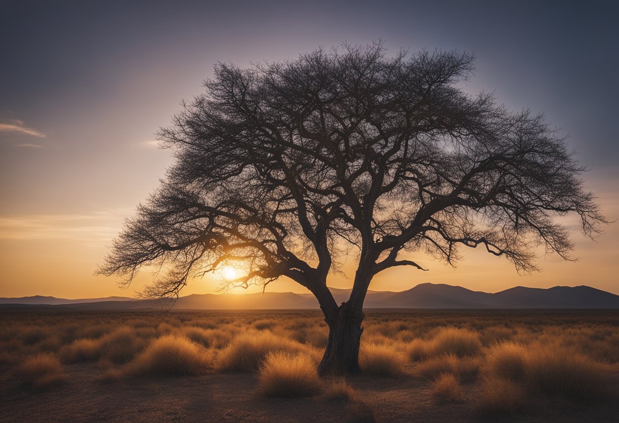 A lone tree stands resilient in a barren landscape, its branches reaching towards the sky as the sun sets in the distance