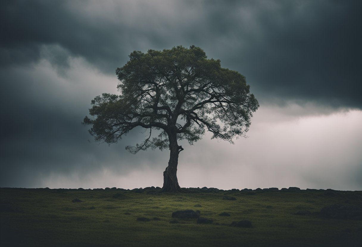 A lone tree stands tall amidst a chaotic storm, its branches unmoving and resilient, embodying the stillness and strength of stoicism