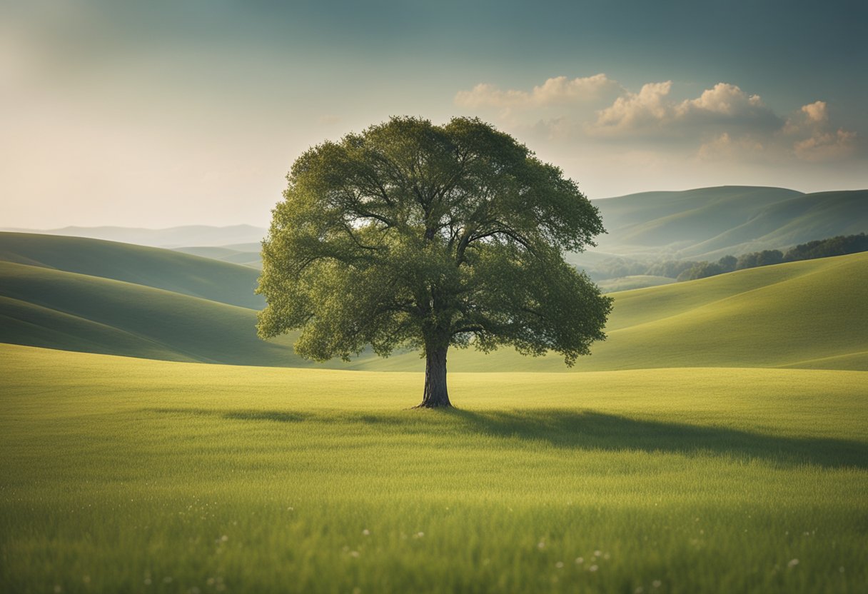 A lone tree stands tall in a tranquil meadow, its branches reaching out towards the sky. The surrounding landscape is calm and serene, evoking a sense of stillness and mindfulness