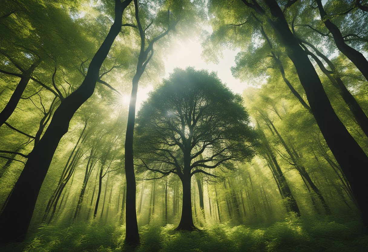 A lone tree stands tall amidst a serene, sunlit forest, its branches reaching upwards towards the sky. The surrounding nature is calm and tranquil, evoking a sense of peace and stillness