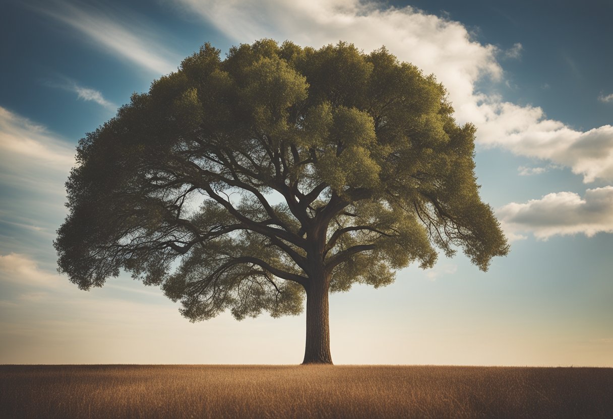 A lone tree stands tall in a vast, serene landscape, its branches reaching toward the sky. The scene is peaceful, with a sense of quiet strength and resilience