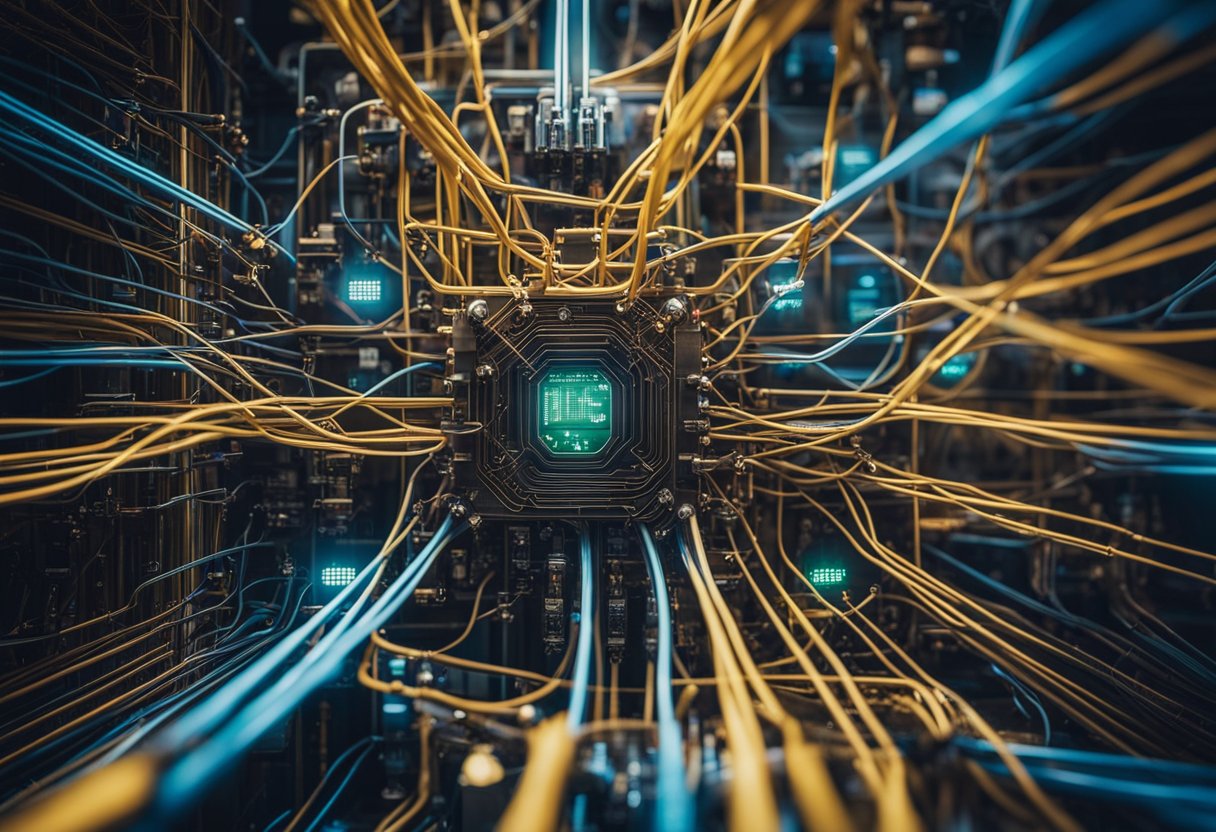 A tangled web of interconnected wires and circuits, weaving through a maze of aging machinery and colorful neural pathways