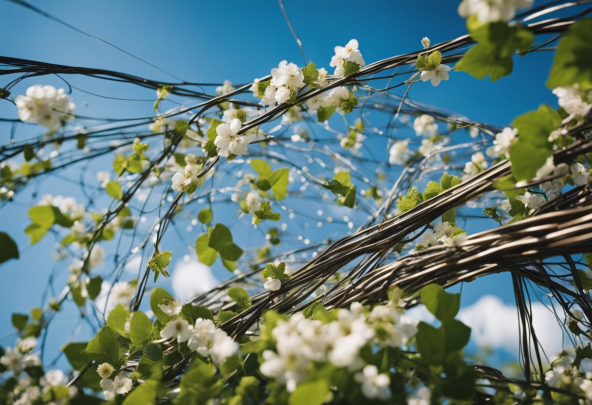 A tangled web of interconnected wires and circuit boards, entwined with growing vines and blooming flowers, symbolizing the intersection of aging, neurodivergence, and mental health for midlife reinventors