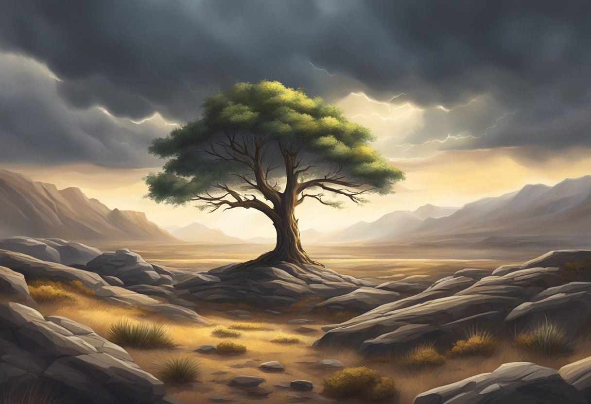 A lone tree standing tall amidst a rocky, barren landscape, with storm clouds in the distance but a ray of sunlight breaking through