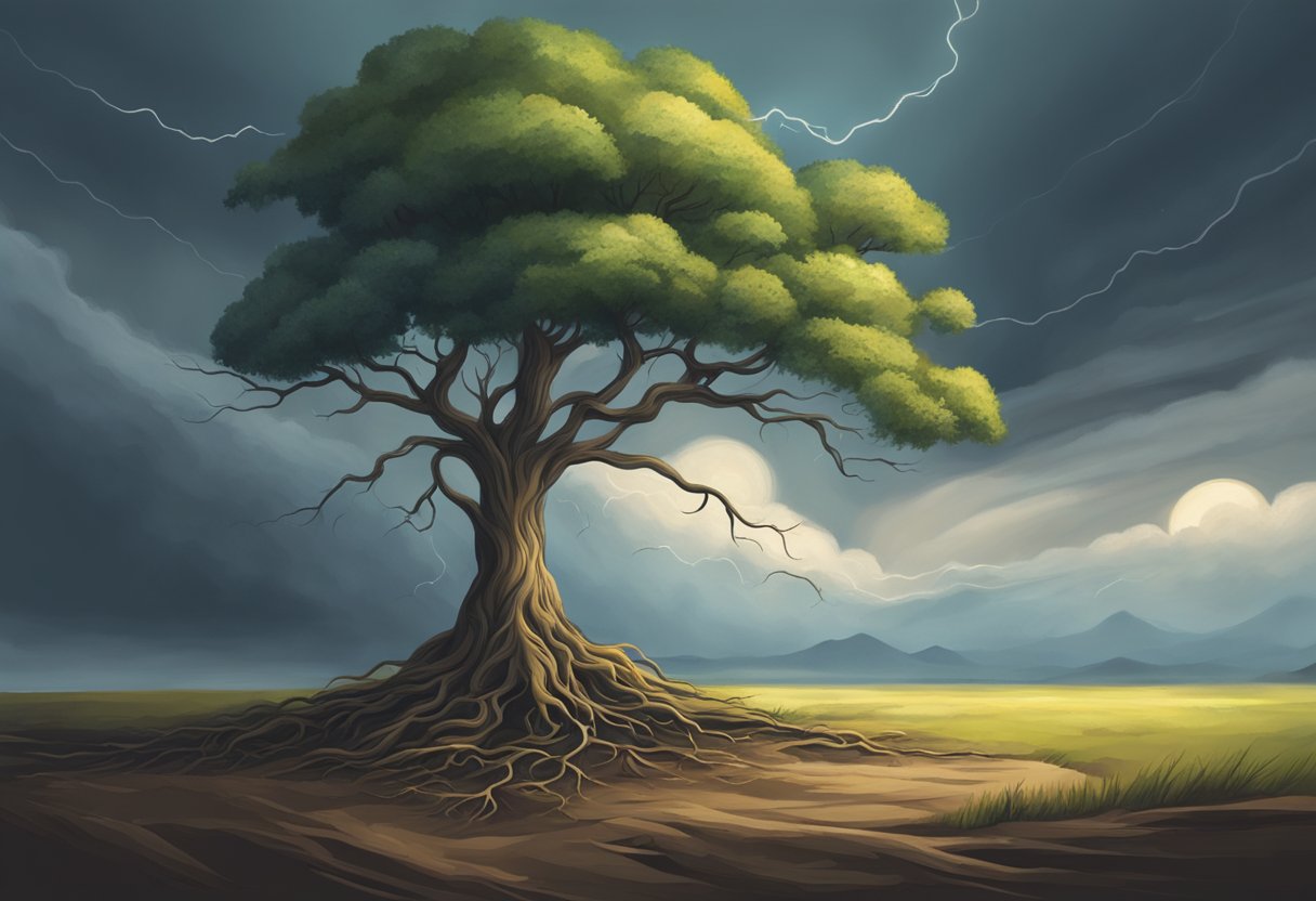 A lone tree standing strong against a storm, its roots firmly planted in the ground, symbolizing the core principles of mental resilience