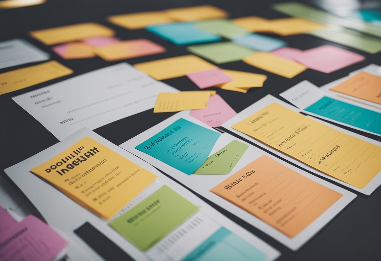 A table with colorful invitations, a budget spreadsheet, and a guest list