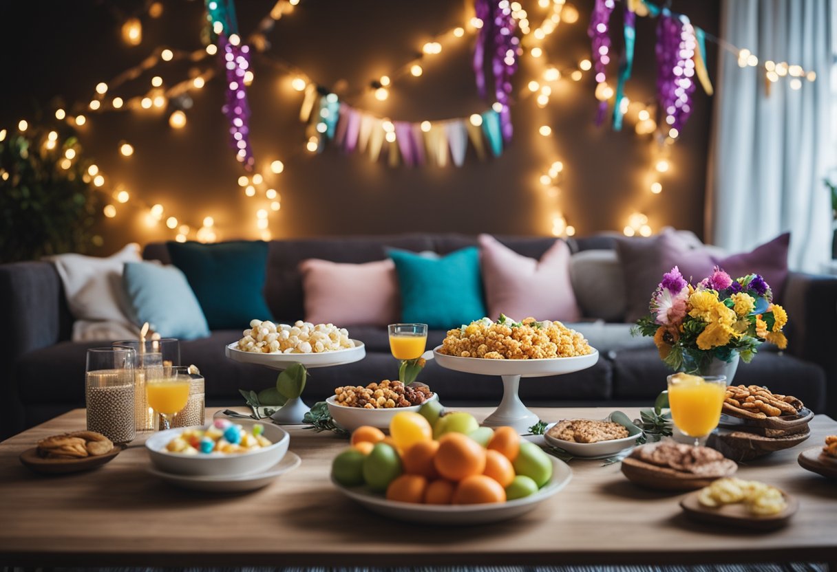 A cozy living room with colorful streamers, balloons, and twinkling lights. A table is set with DIY centerpieces and a budget-friendly spread of snacks and drinks