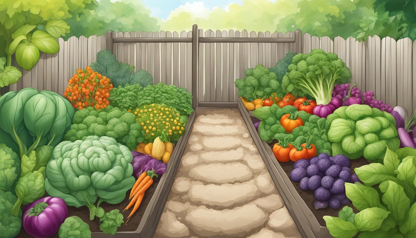 A garden scene with a variety of vegetables surrounded by a barrier of diatomaceous earth to deter pests