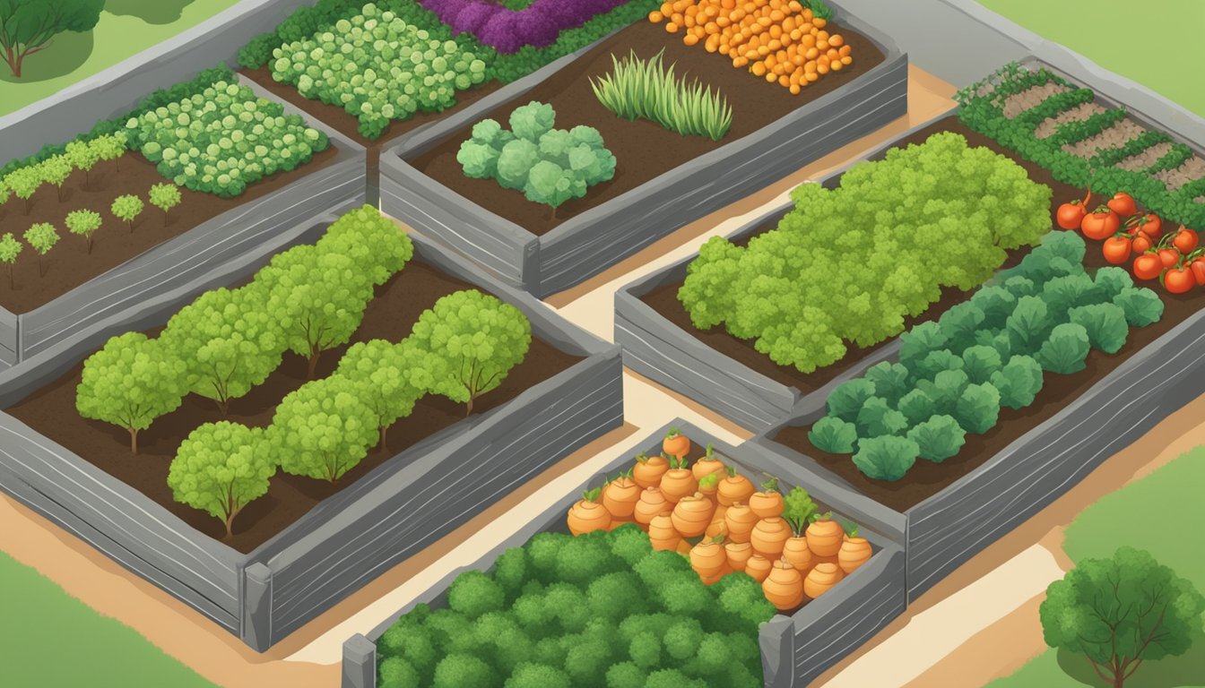 A garden with rows of healthy vegetables surrounded by a barrier of diatomaceous earth. A sign nearby displays safety and handling instructions