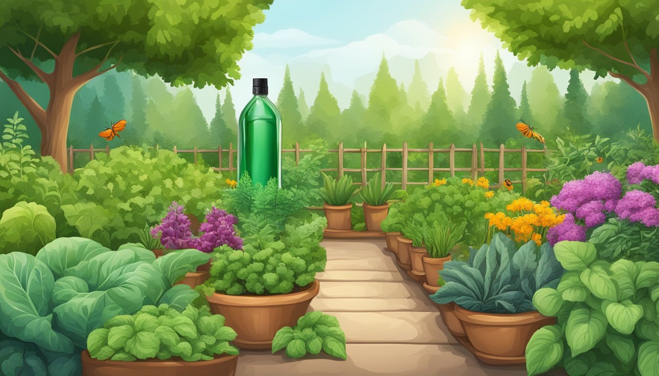 A lush vegetable garden with various plants and insects, with a bottle of neem oil prominently displayed as a natural pesticide solution