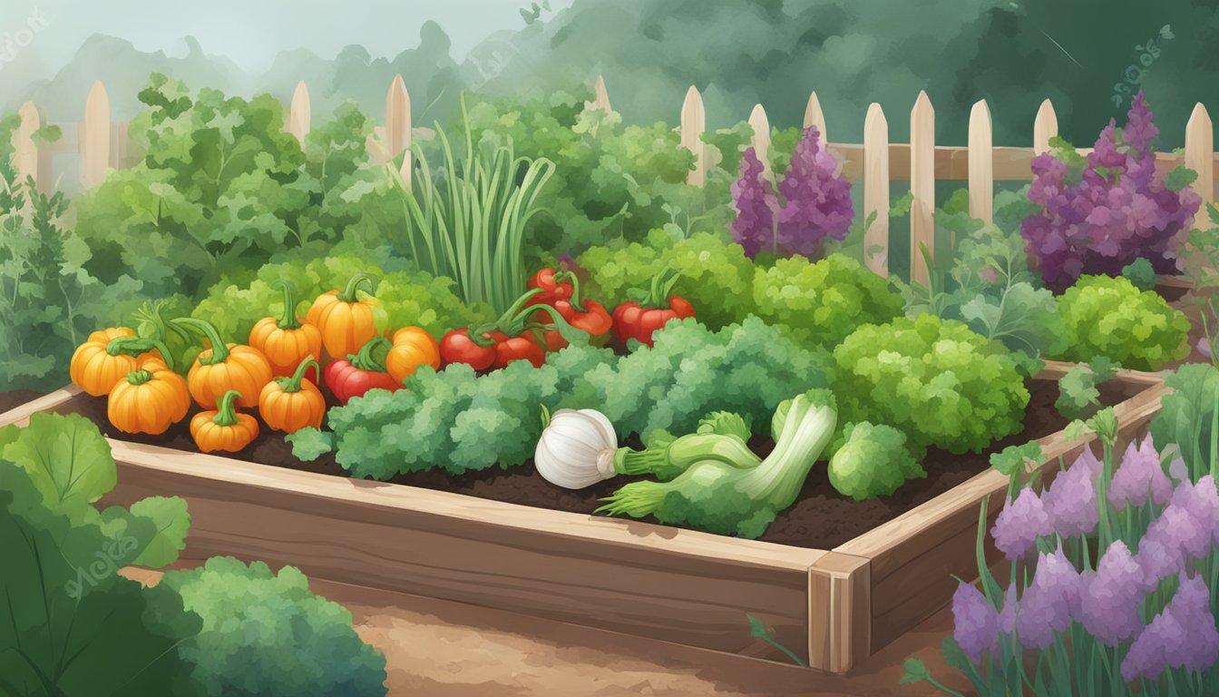 A garden bed with various vegetables surrounded by a mist of homemade garlic spray, with pests fleeing the area