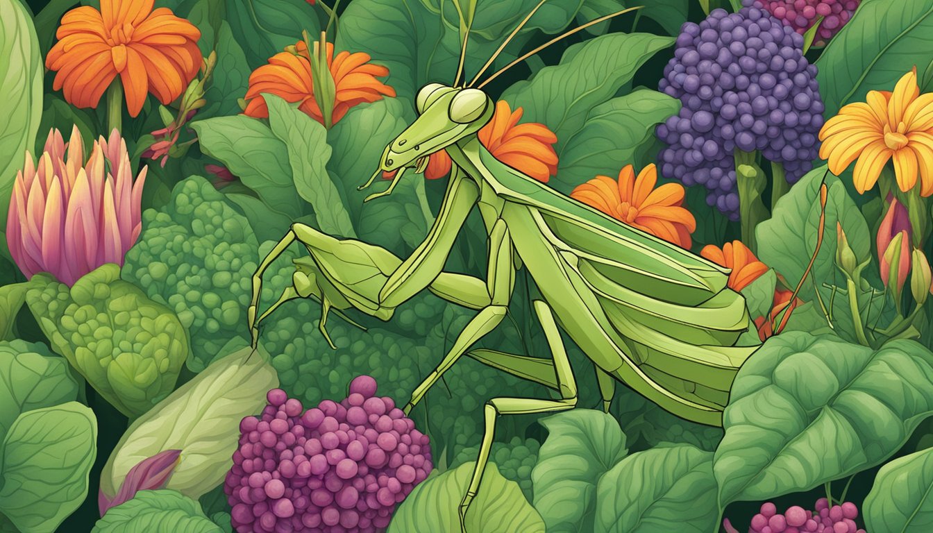 A vibrant garden scene with a lush array of vegetables, featuring a vigilant praying mantis perched on a leaf, poised and observant