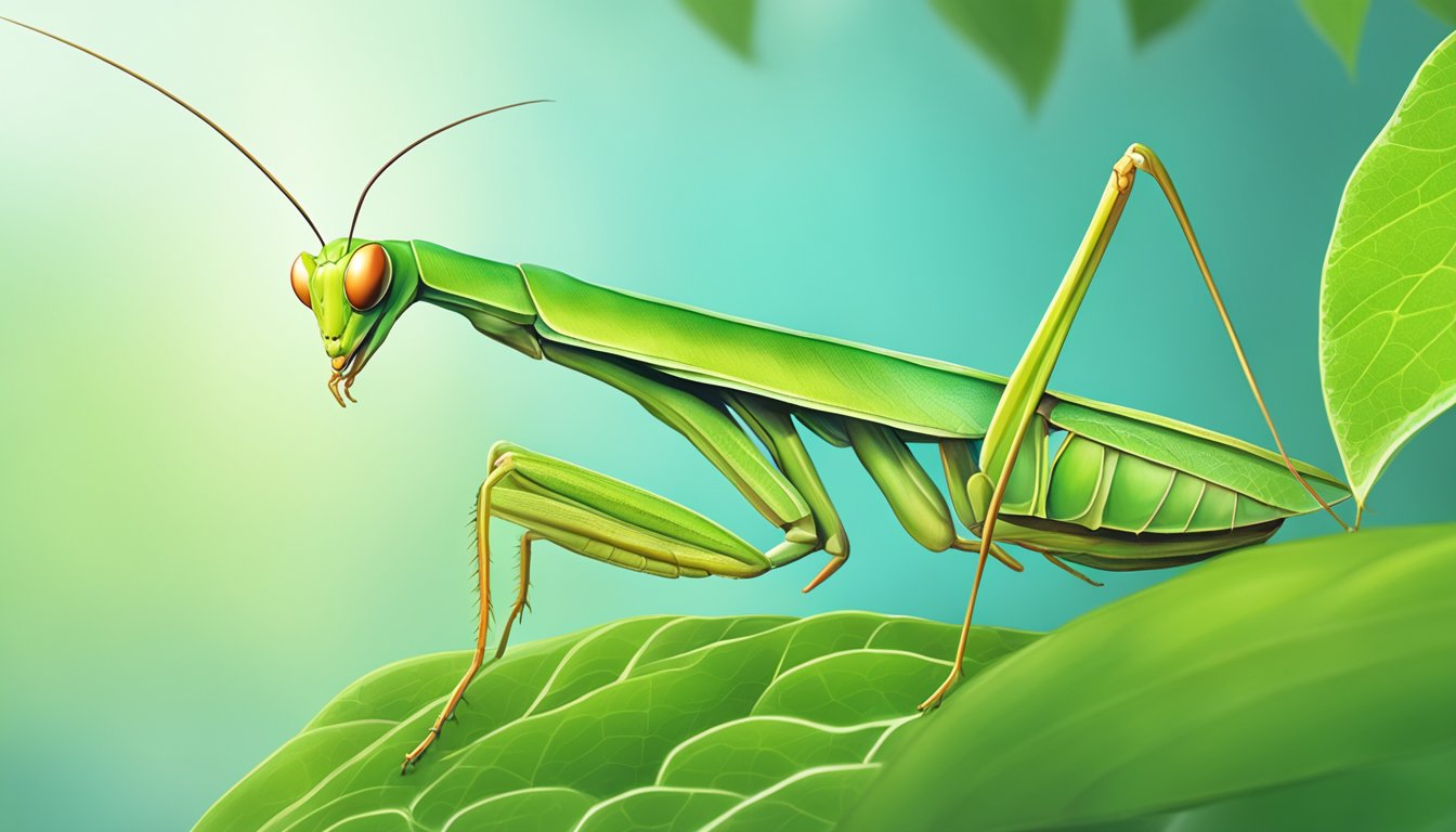 A praying mantis perched on a vibrant green leaf, its slender body and elongated forelegs poised in a characteristic stance, surveying the surrounding vegetable garden