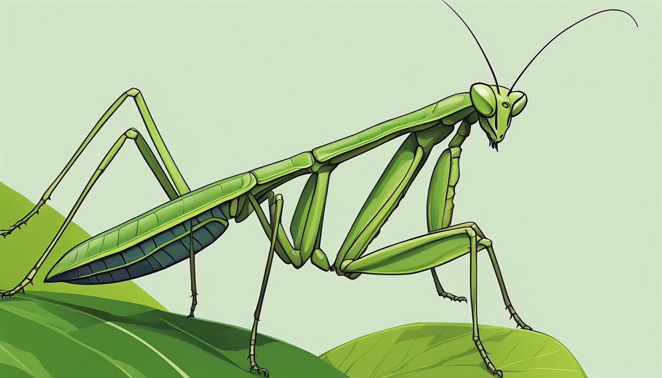 A praying mantis perched on a vibrant green leaf, its slender body and elongated legs poised in a graceful and alert stance, ready to pounce on any unsuspecting insect that dares to invade the vegetable garden