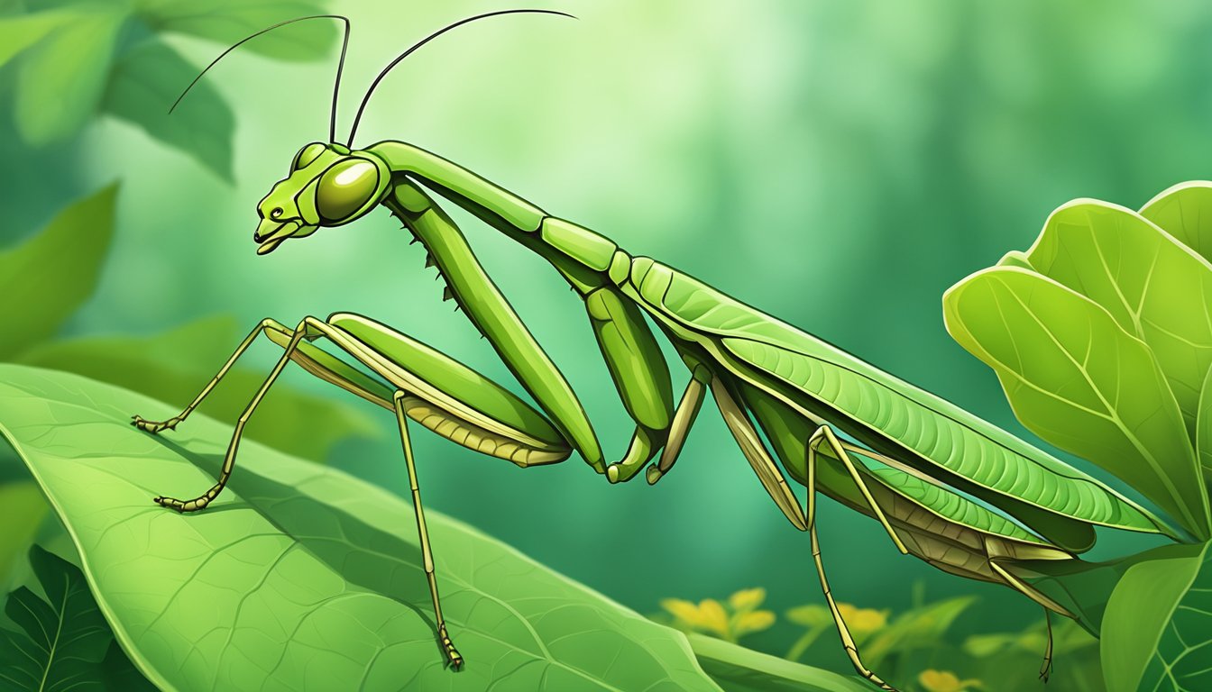 A praying mantis perched on a leaf, watching over a lush vegetable garden, its long and slender body blending in with the greenery