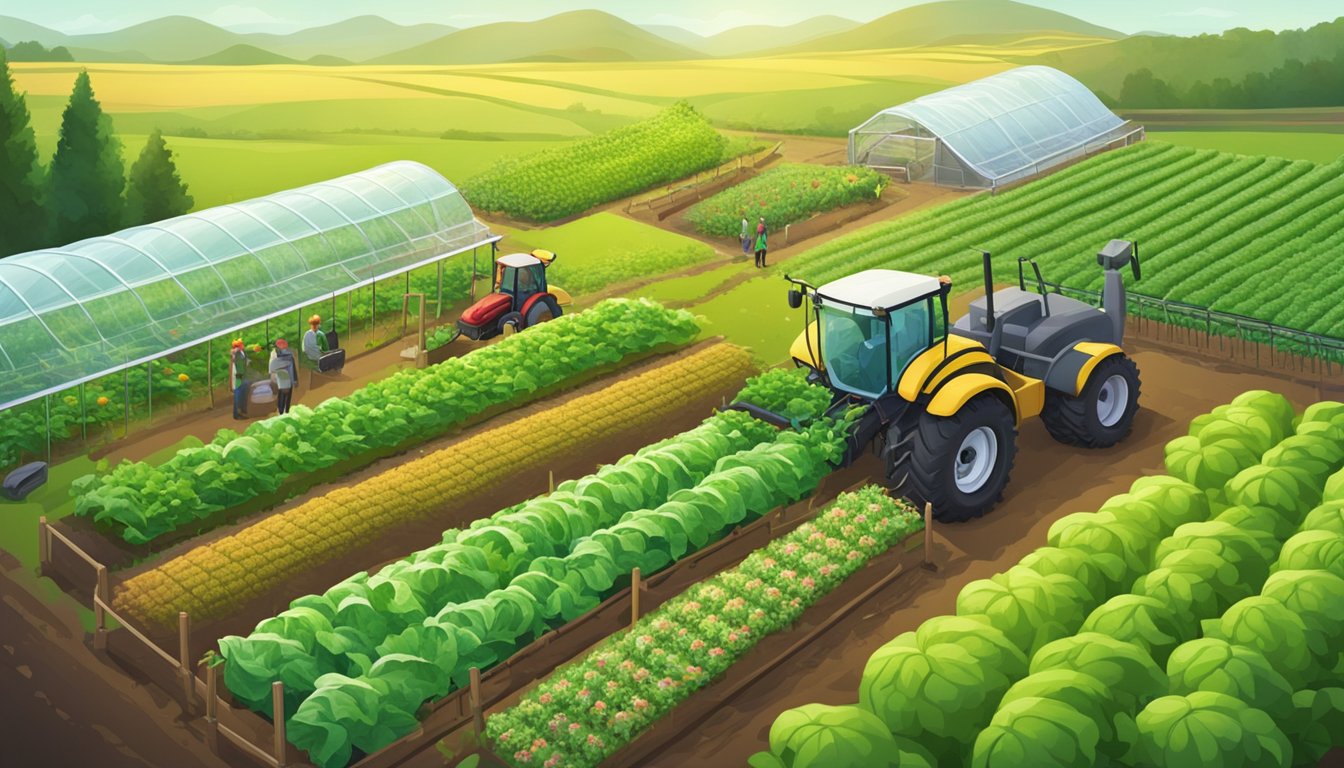 A lush vegetable farm with rows of healthy, vibrant plants, surrounded by modern farming equipment. Beneficial bacteria is being applied to the soil, enhancing plant immunity against pests