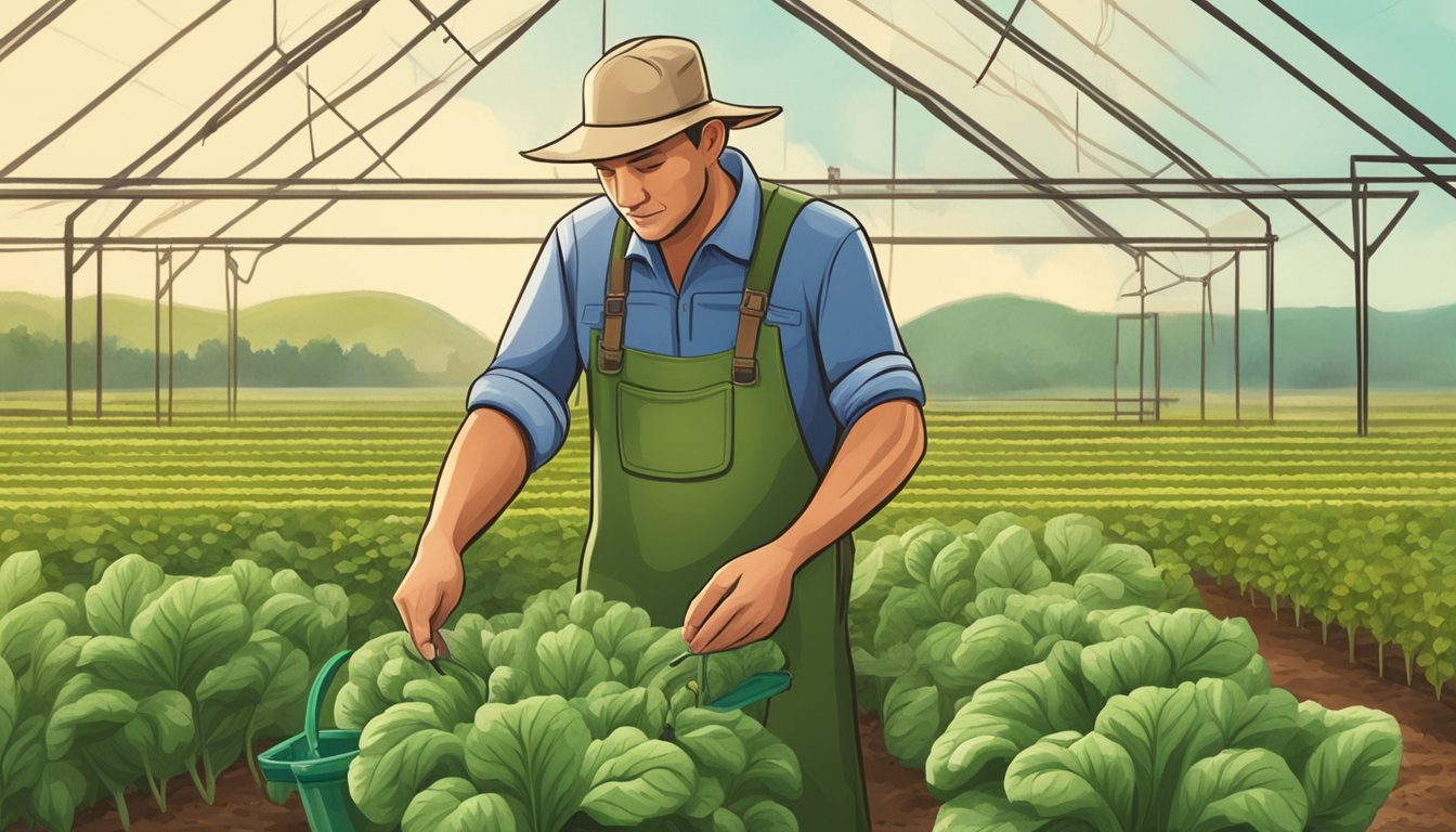 A farmer using essential oils to manage pests on a vegetable farm