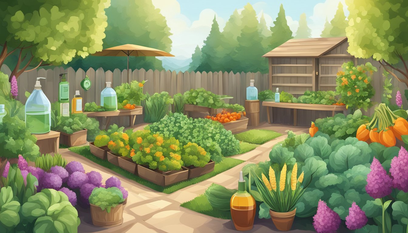 A garden with various vegetables surrounded by bottles of essential oils and spray equipment, with a sign indicating precautions and safety measures