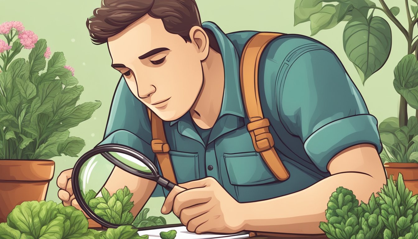 A gardener inspecting plants for pests, using a magnifying glass and notebook. Nearby, healthy vegetables and natural pest deterrents