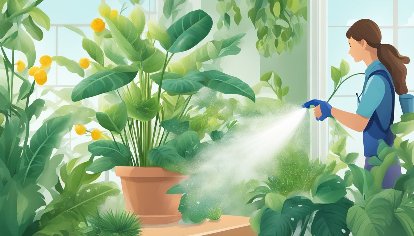 Soap spray being applied to indoor plants with soft-bodied pests, such as aphids or mites, while the plants are surrounded by a mist of soapy water