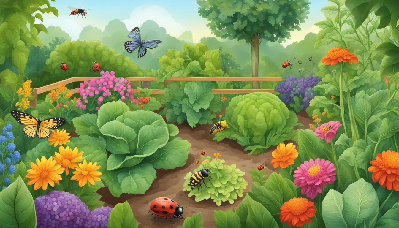 A lush vegetable garden with various plants and flowers, surrounded by a diversity of beneficial insects such as ladybugs, lacewings, and bees