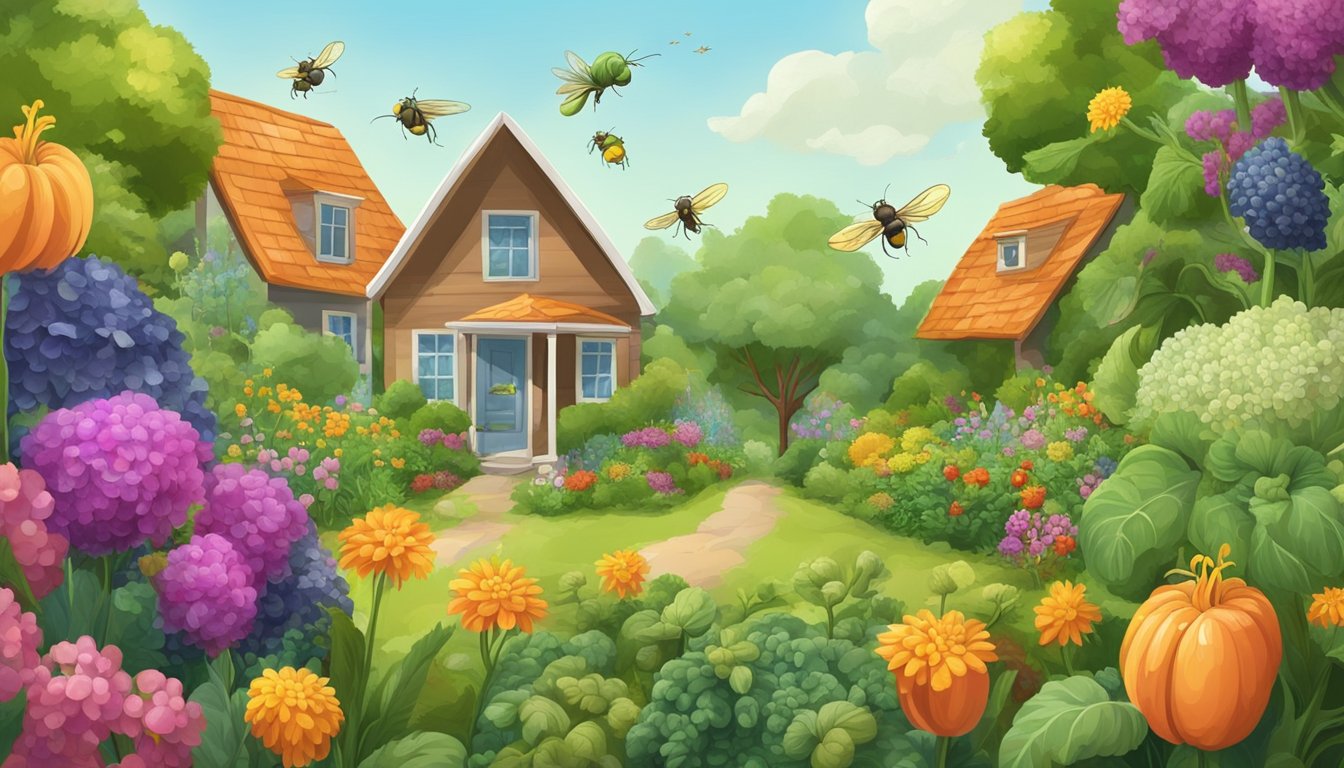 A garden scene with colorful vegetables and flowers, buzzing with parasitic wasps hovering around, ready to attack and control the pest population