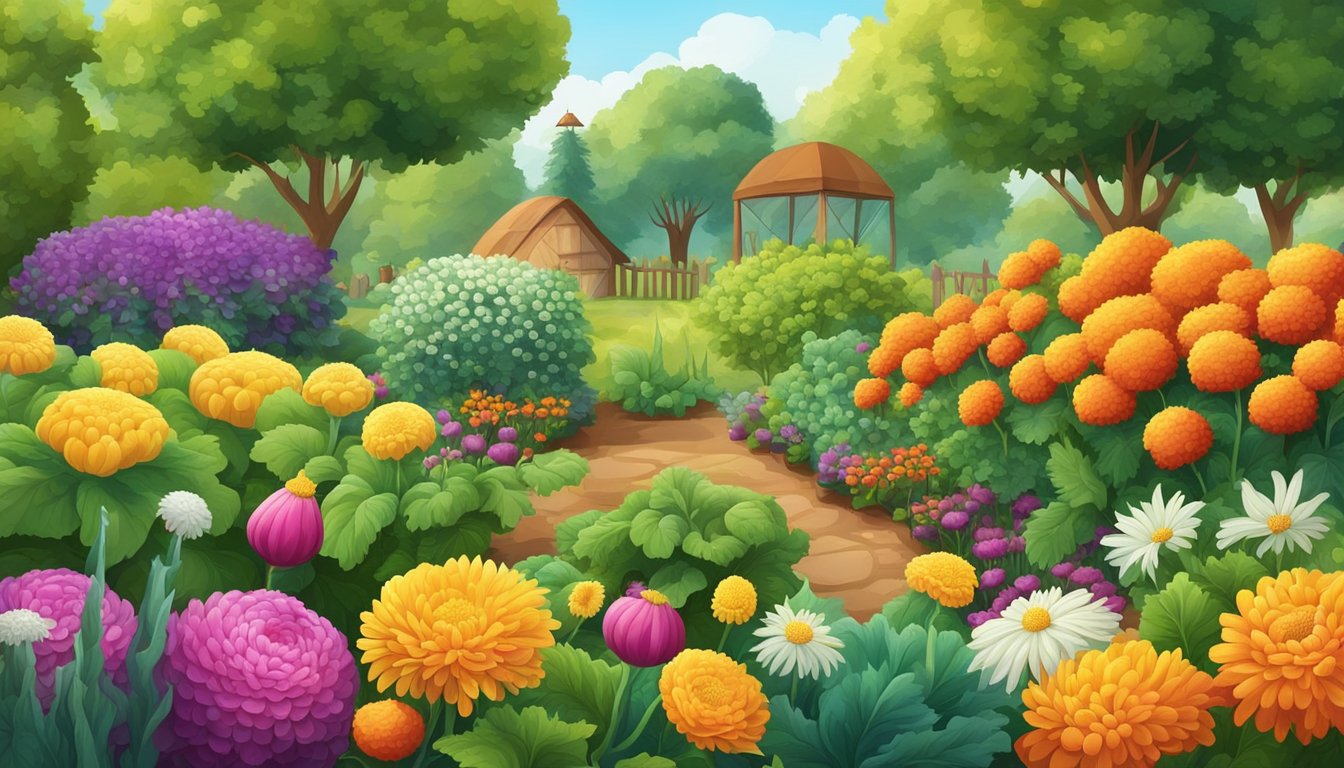 A garden scene with vibrant vegetables surrounded by chrysanthemum plants, while insects are repelled by the natural insecticide