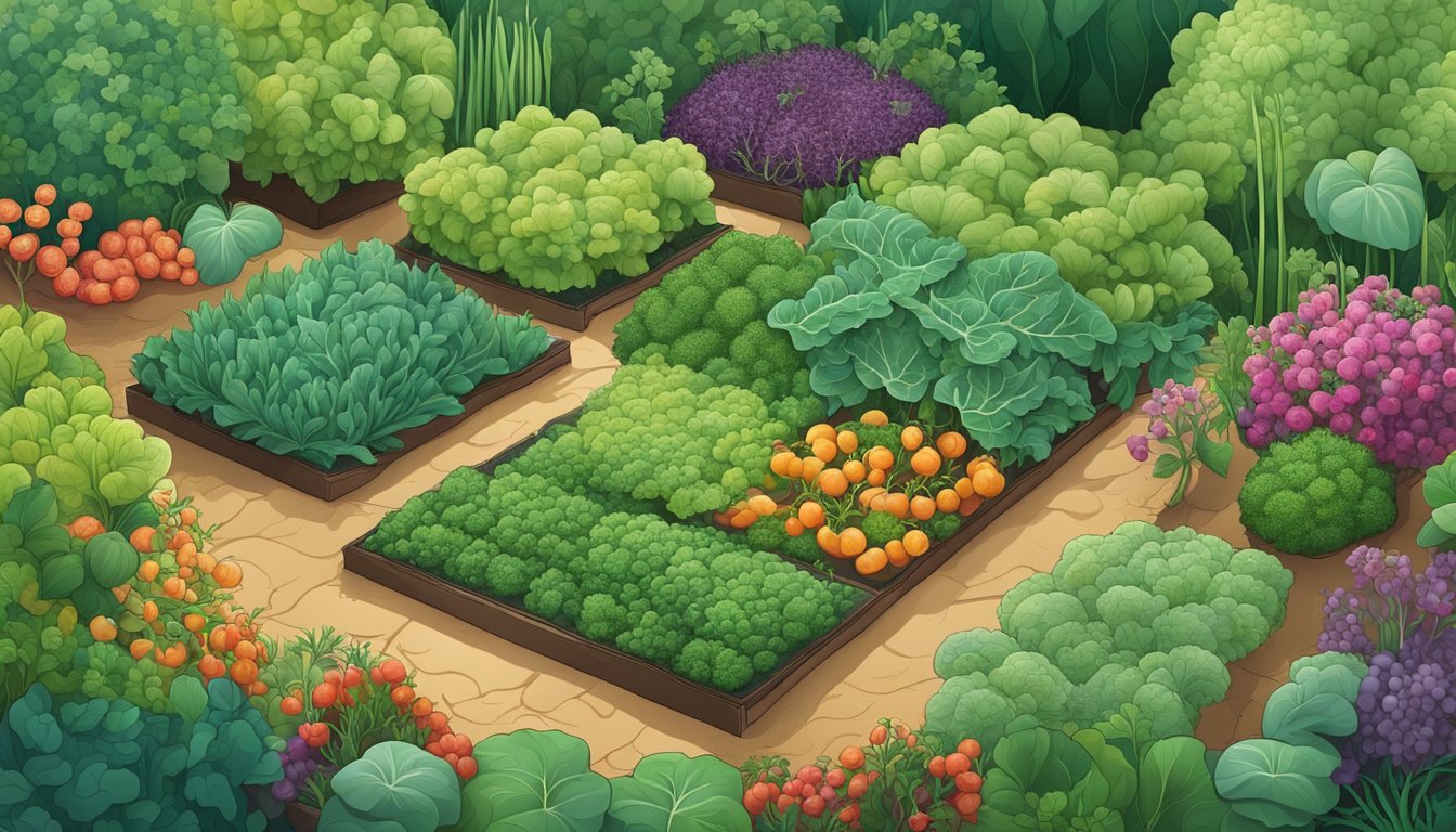 A lush garden with healthy, vibrant vegetables surrounded by a network of mycorrhizal fungi connecting the plants to the rich, fertile soil