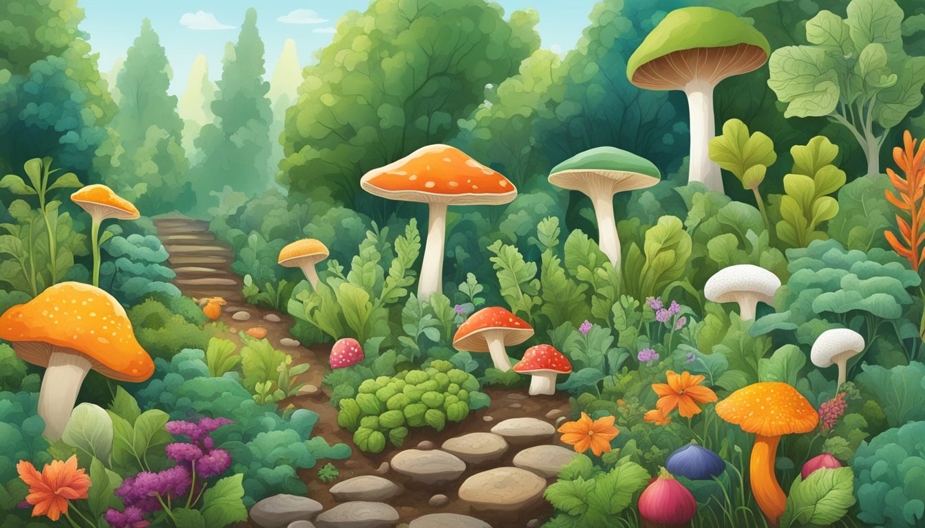 A lush garden with vibrant vegetables surrounded by a diverse array of fungi. The fungi are actively warding off pests, promoting plant health, and enriching the soil