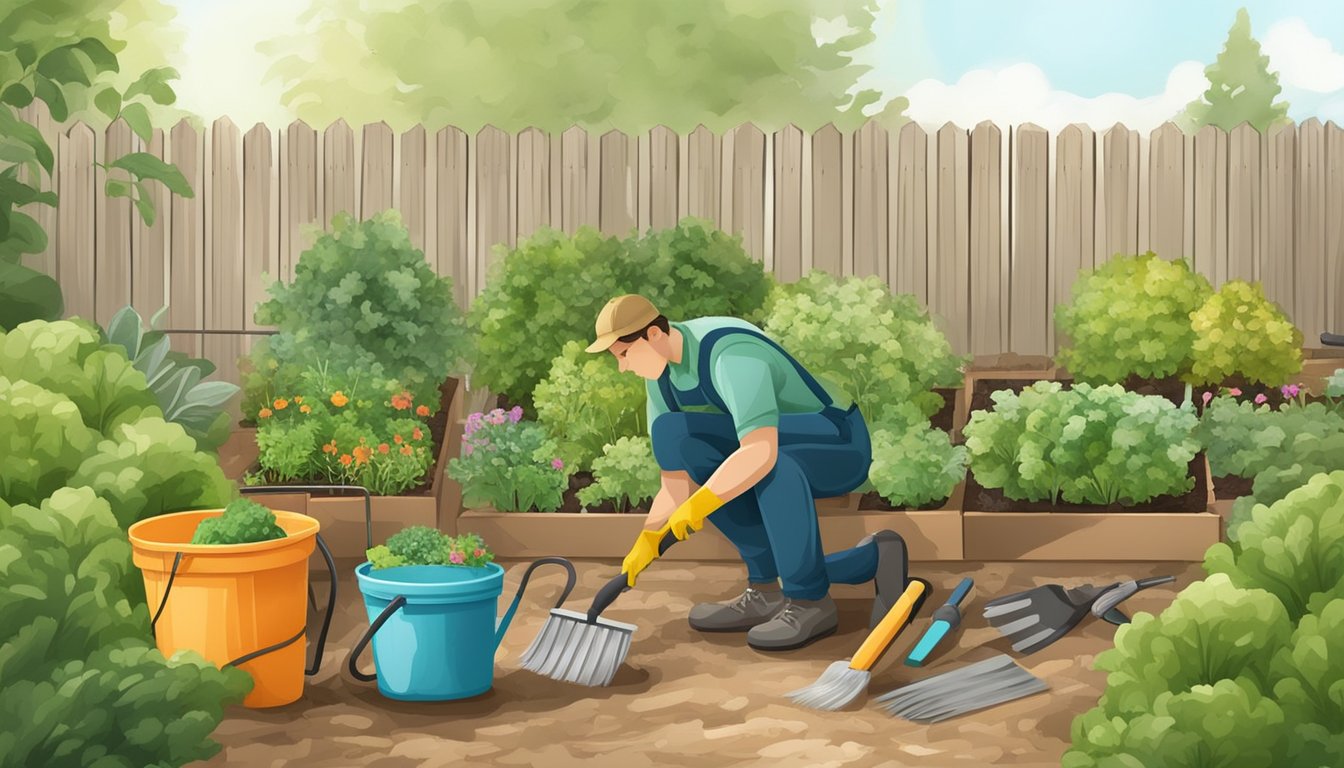 A gardener cleaning and organizing garden tools and supplies to prevent pest infestations in a vegetable garden