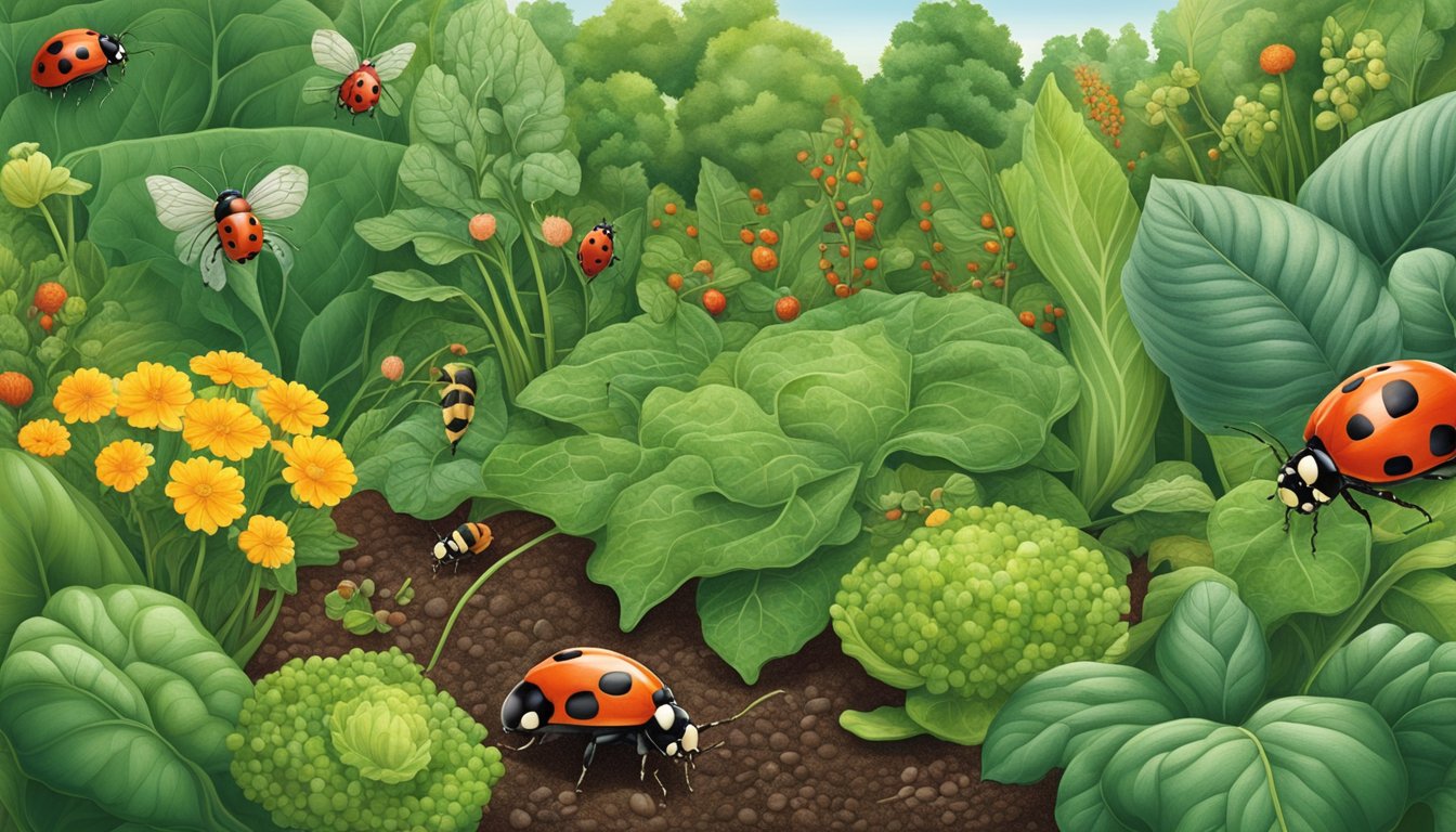 A lush vegetable garden with a variety of crops intermingled, attracting a diverse array of pests. Ladybugs and other natural predators are present, creating a dynamic ecosystem