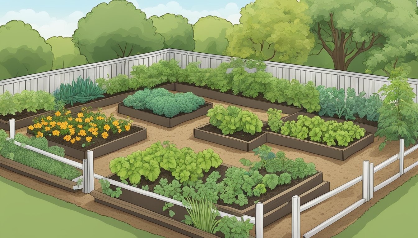 A lush vegetable garden with raised beds, mulched pathways, and companion plants to naturally control nematode populations