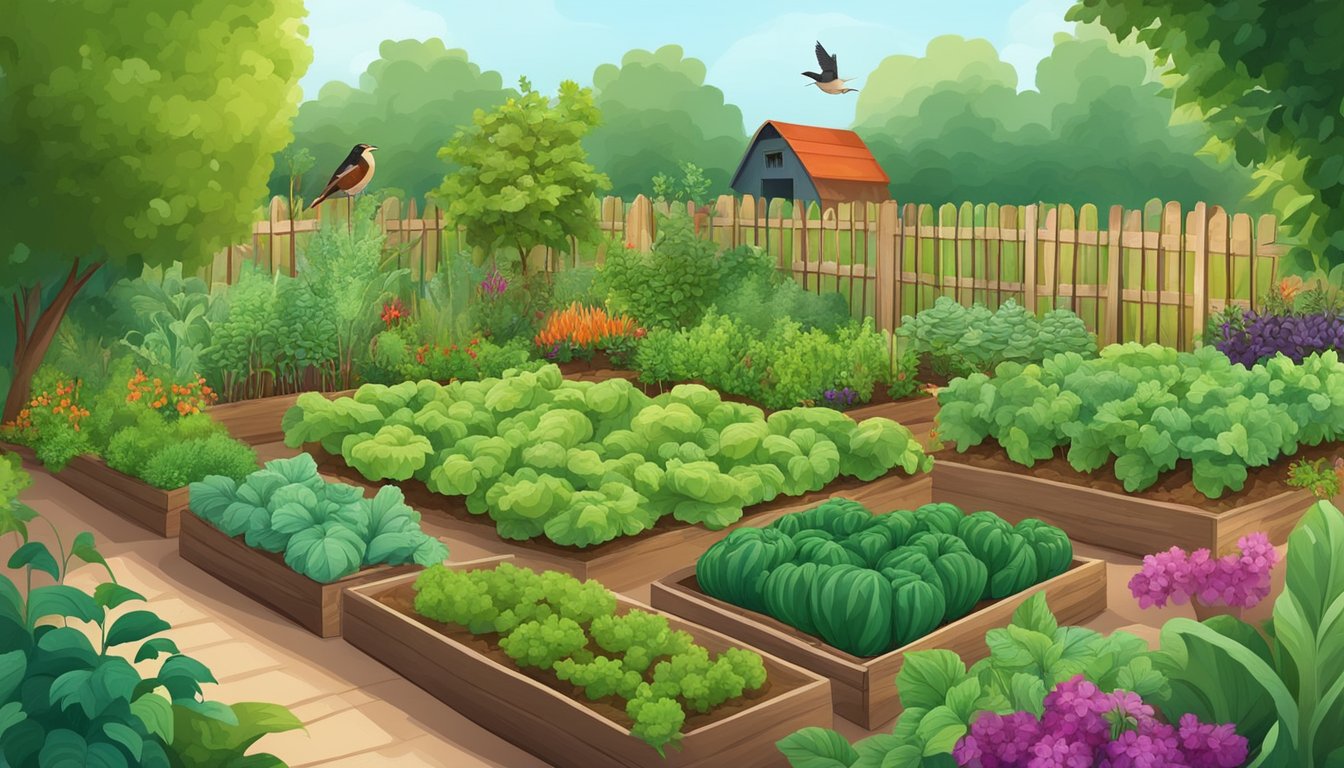 A lush vegetable garden with various plants and soil, surrounded by natural elements like birds, insects, and other wildlife