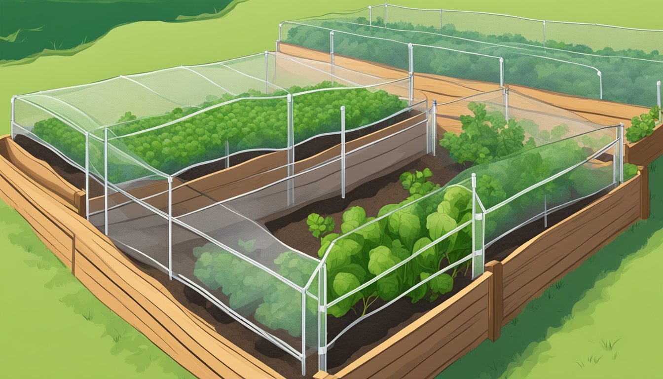 A garden with raised beds surrounded by wire mesh to prevent crawling pests from reaching the vegetables. Mesh covers on individual plants