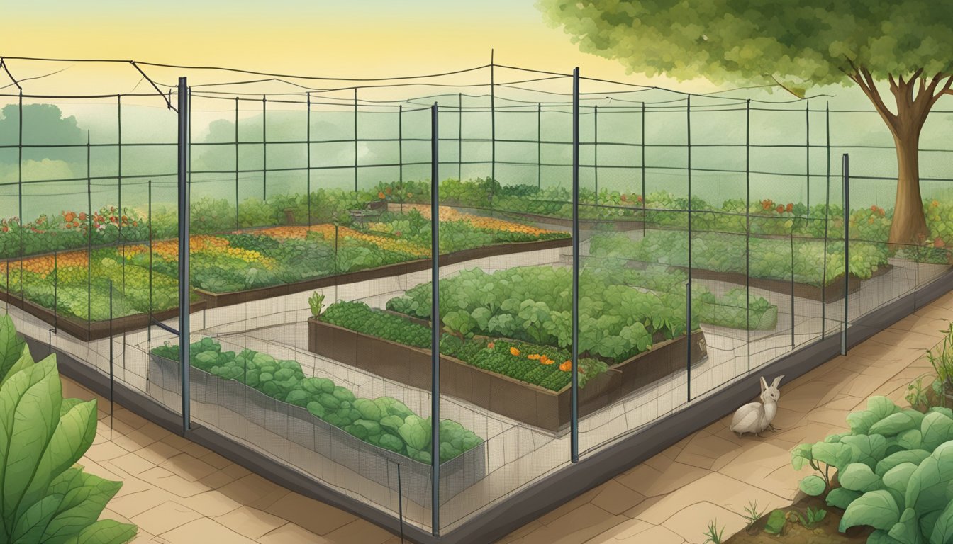 A vegetable garden with various crops and plants, surrounded by a mesh fence. A variety of pests such as insects, birds, and rodents are shown being monitored and controlled through various techniques