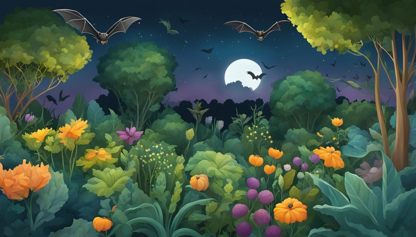 A garden at night, with bats flying among vegetable plants, hunting pests