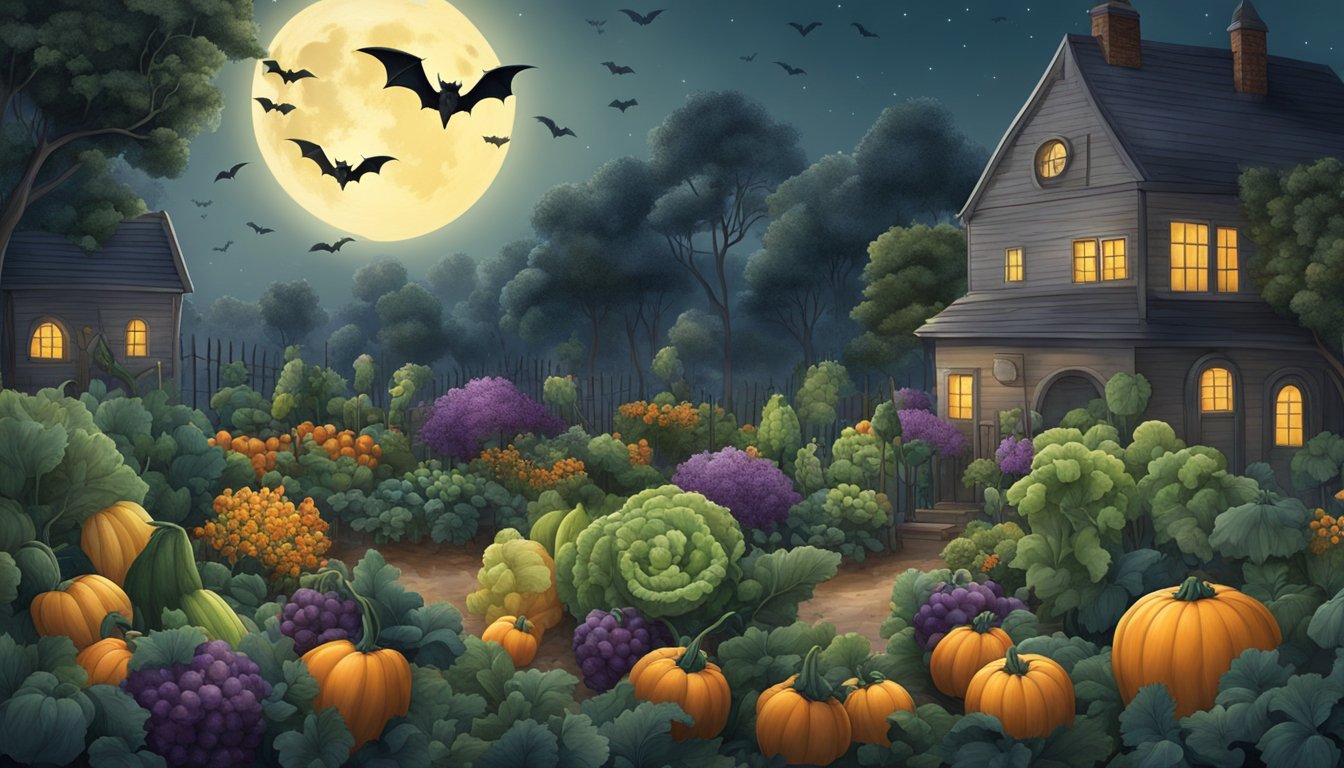 A moonlit garden with ripe vegetables and a colony of bats swooping in to feed on pests