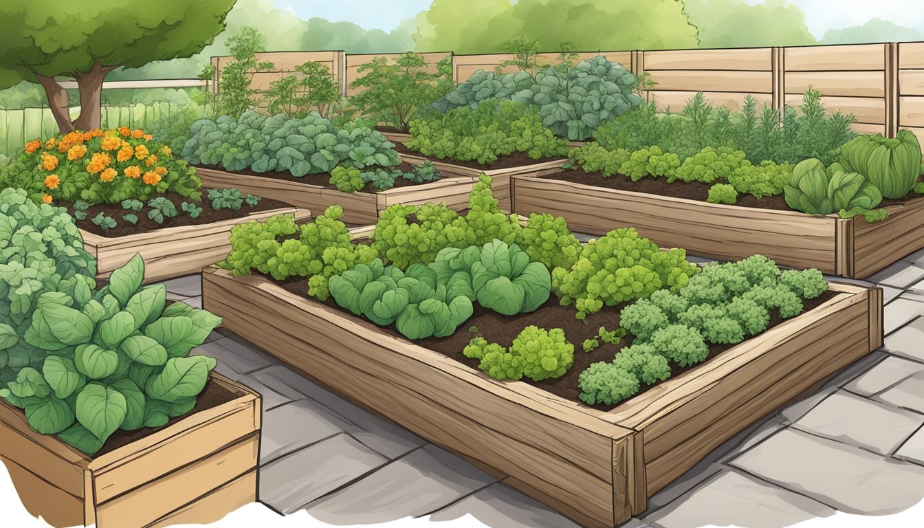 A lush vegetable garden with various types of organic mulch spread around the plants, effectively suppressing pests