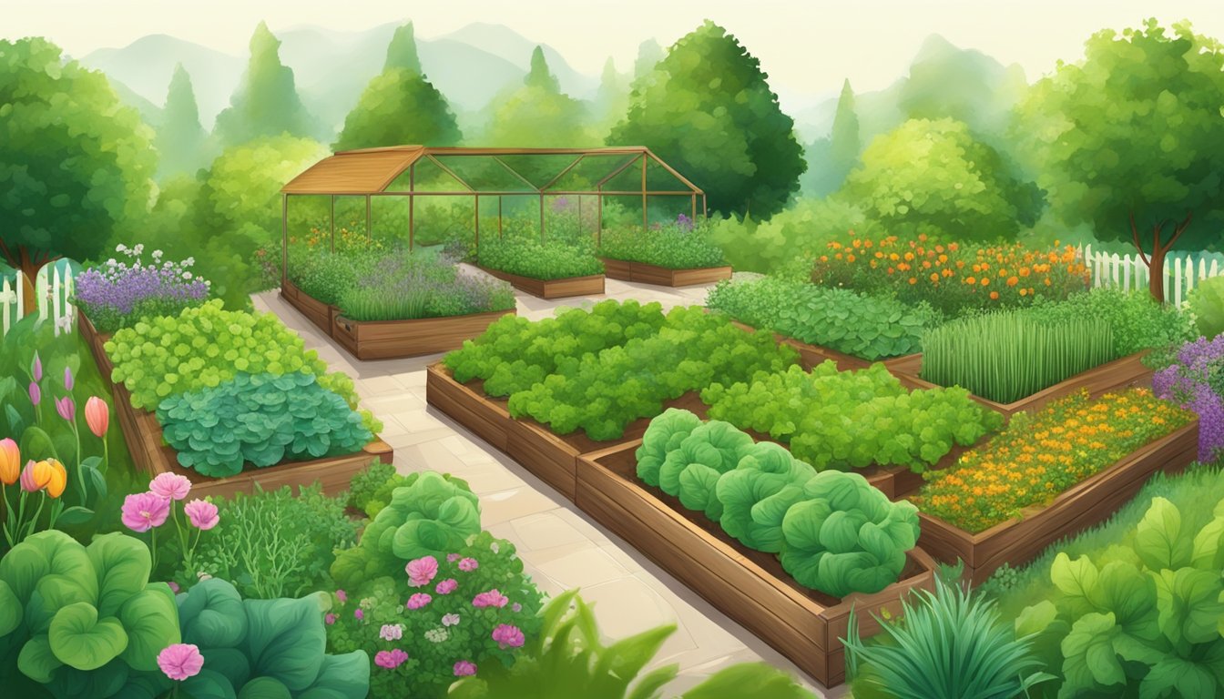 A lush vegetable garden surrounded by aromatic herbs, with pests being repelled by the natural scents