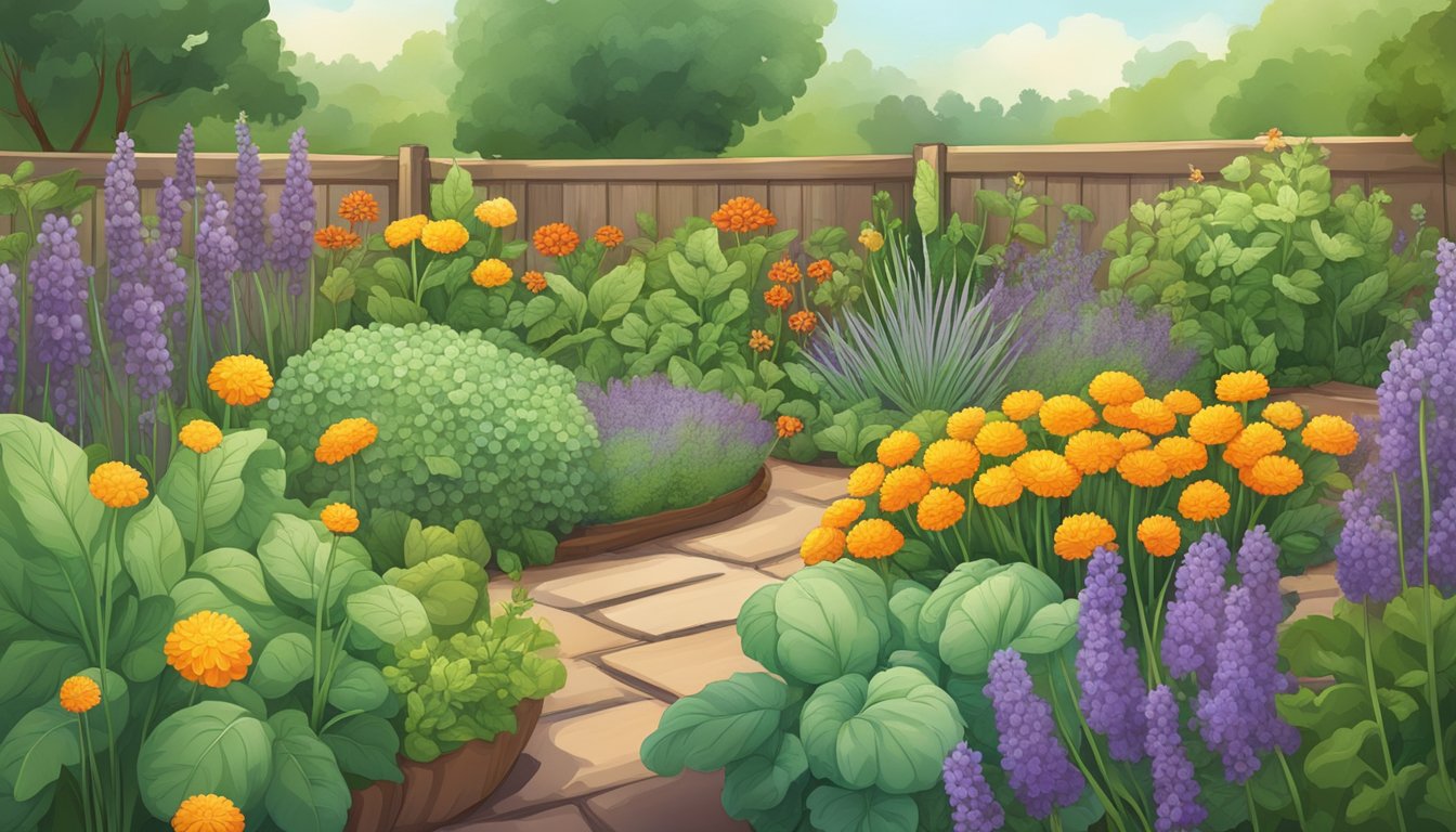 A lush vegetable garden with a variety of plants surrounded by natural pest-repelling herbs such as lavender, mint, and marigolds