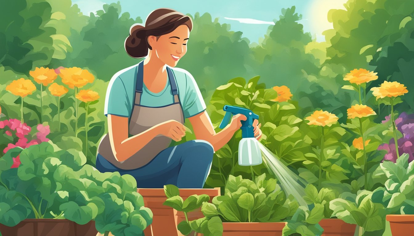 A woman sprays herbal pest repellent on flourishing vegetable plants in a well-kept garden. The sun shines down on the vibrant green leaves as she tends to her thriving crops