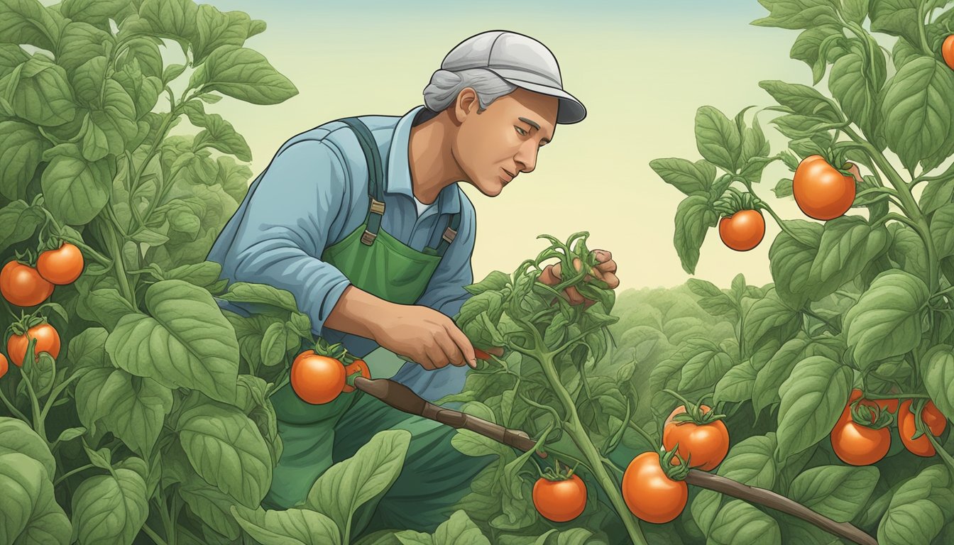 A gardener using organic methods to remove tomato hornworm from a plant