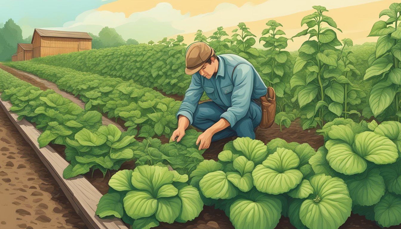 A gardener carefully inspects organic cucumber plants for signs of beetle damage, while nearby, companion plants and mulch aid in pest management