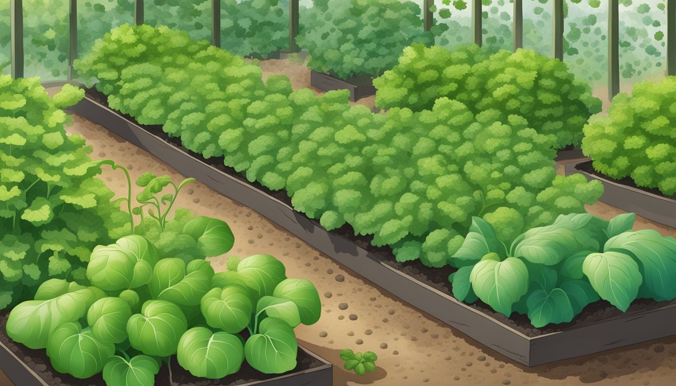 A vegetable garden with small, circular holes in the leaves of plants, indicating flea beetle damage